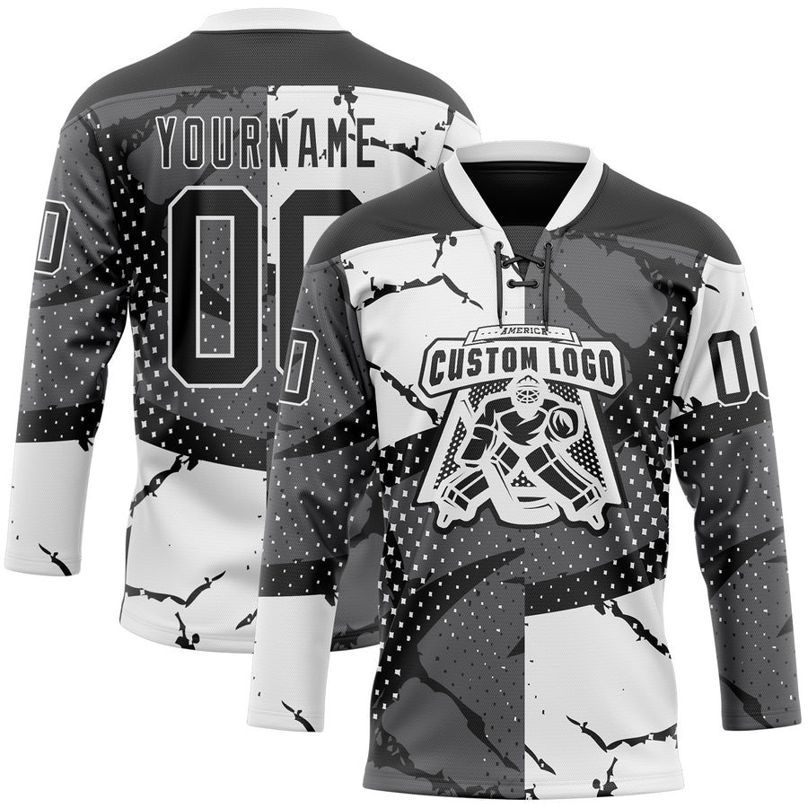 Custom Black Gray-White 3D Pattern Abstract Split Hockey Lace Neck Jersey