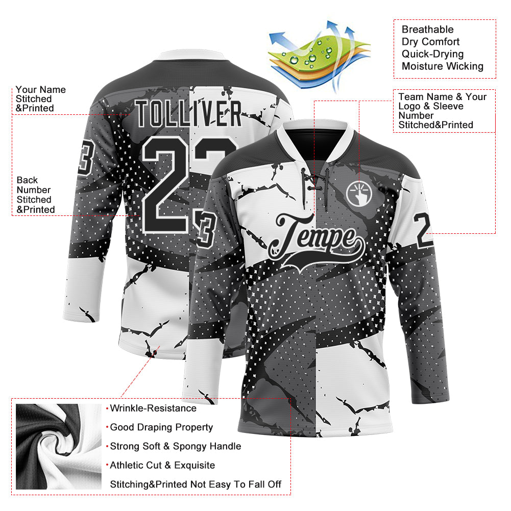 Custom Black Gray-White 3D Pattern Abstract Split Hockey Lace Neck Jersey