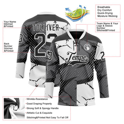 Custom Black Gray-White 3D Pattern Abstract Split Hockey Lace Neck Jersey
