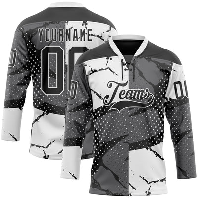 Custom Black Gray-White 3D Pattern Abstract Split Hockey Lace Neck Jersey