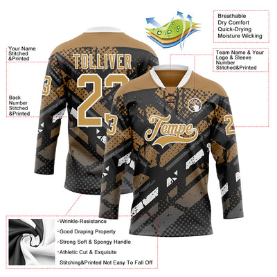 Custom Old Gold Gray Black-White 3D Pattern Abstract Grunge Hockey Lace Neck Jersey