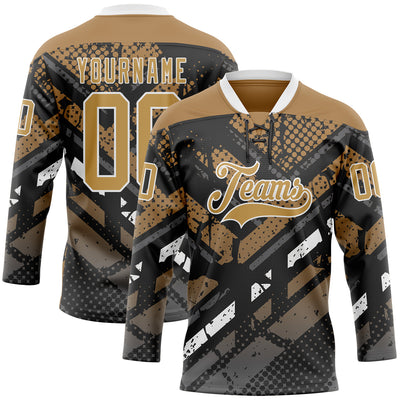 Custom Old Gold Gray Black-White 3D Pattern Abstract Grunge Hockey Lace Neck Jersey