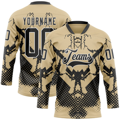 Custom Vegas Gold Black-White 3D Pattern Abstract Grunge Hockey Lace Neck Jersey