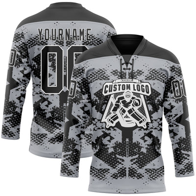 Custom Gray Black-White 3D Pattern Abstract Grunge Hockey Lace Neck Jersey