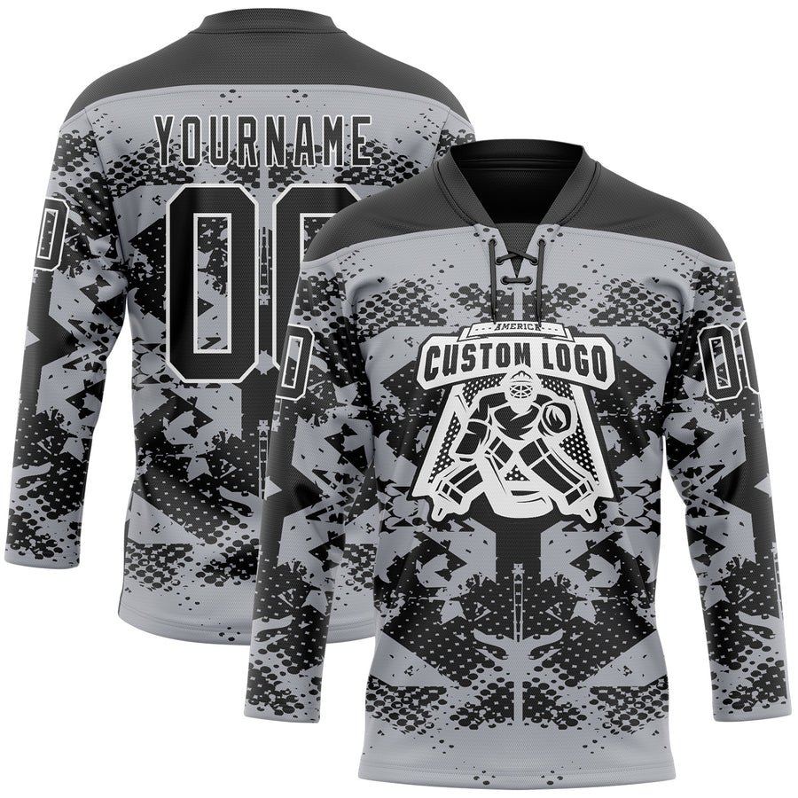 Custom Gray Black-White 3D Pattern Abstract Grunge Hockey Lace Neck Jersey