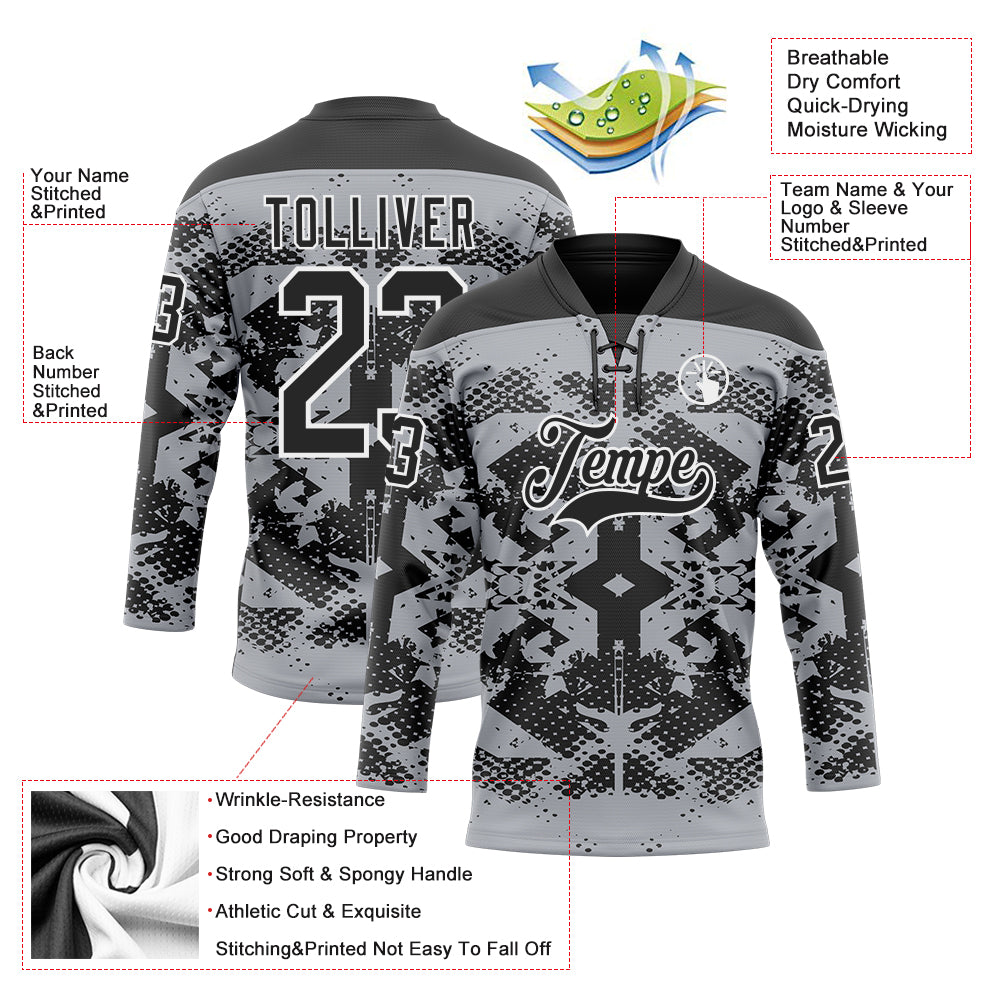 Custom Gray Black-White 3D Pattern Abstract Grunge Hockey Lace Neck Jersey