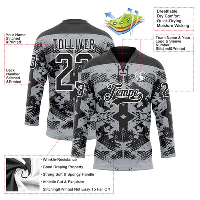 Custom Gray Black-White 3D Pattern Abstract Grunge Hockey Lace Neck Jersey