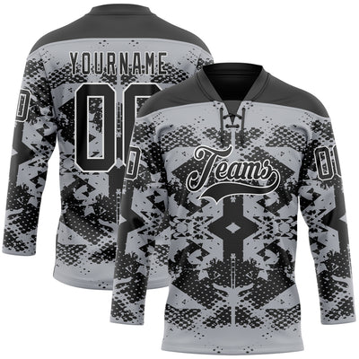 Custom Gray Black-White 3D Pattern Abstract Grunge Hockey Lace Neck Jersey