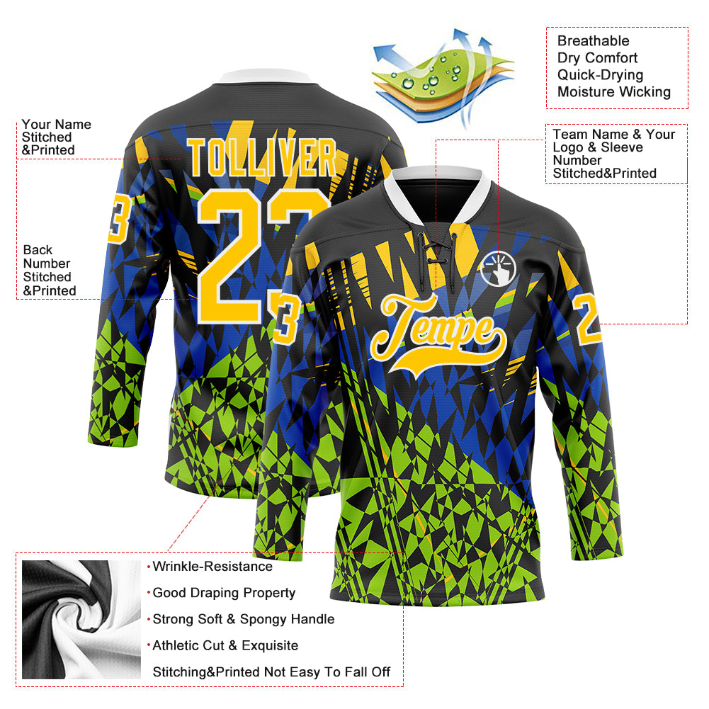 Custom Black Yellow Blue-Green 3D Pattern Abstract Hockey Lace Neck Jersey