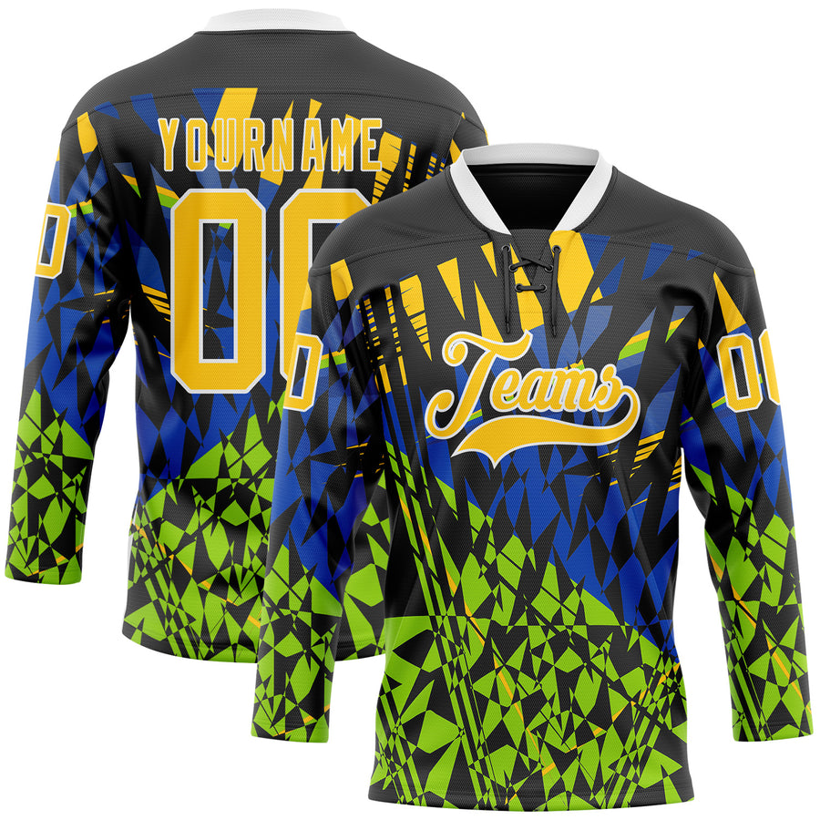 Custom Black Yellow Blue-Green 3D Pattern Abstract Hockey Lace Neck Jersey