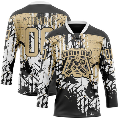 Custom Black Vegas Gold-White 3D Pattern Abstract Grunge Hockey Lace Neck Jersey