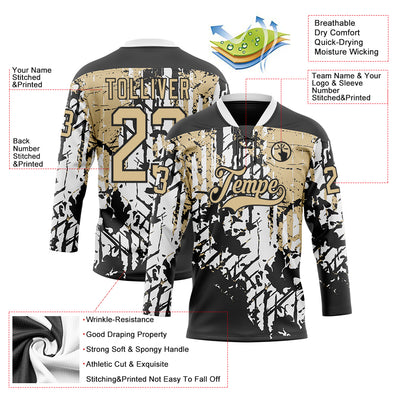 Custom Black Vegas Gold-White 3D Pattern Abstract Grunge Hockey Lace Neck Jersey