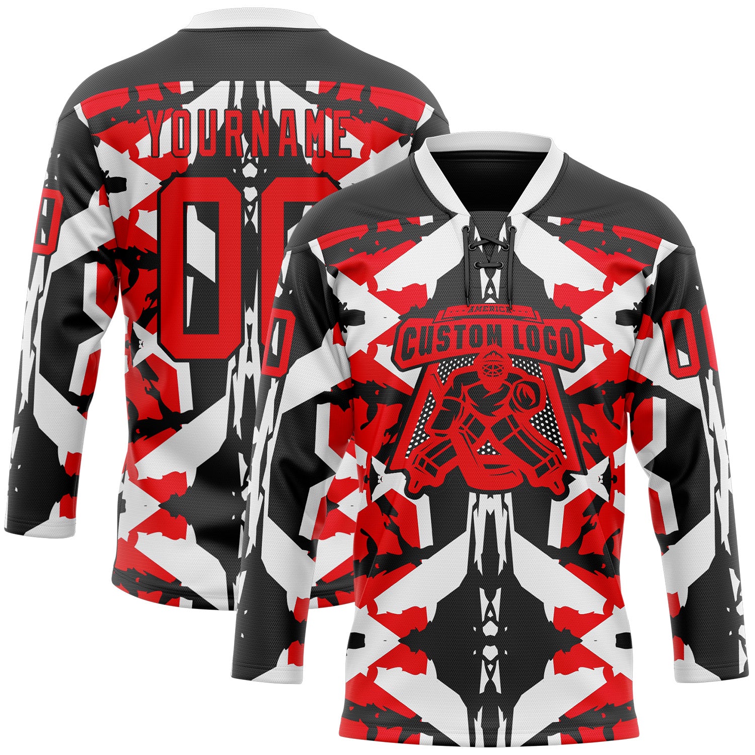 Custom Black Fire Red-White 3D Pattern Abstract Hockey Lace Neck Jersey