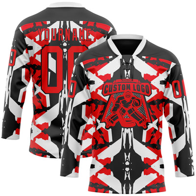 Custom Black Fire Red-White 3D Pattern Abstract Hockey Lace Neck Jersey