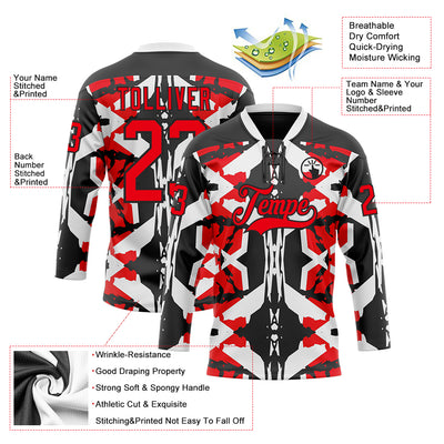 Custom Black Fire Red-White 3D Pattern Abstract Hockey Lace Neck Jersey