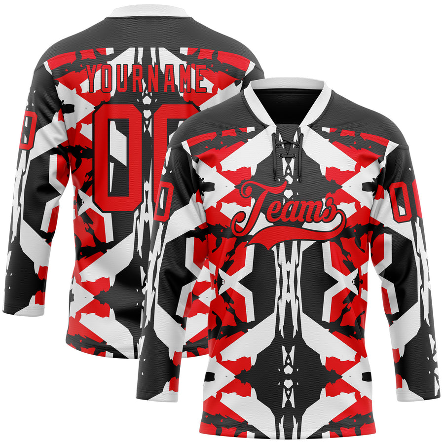 Custom Black Fire Red-White 3D Pattern Abstract Hockey Lace Neck Jersey