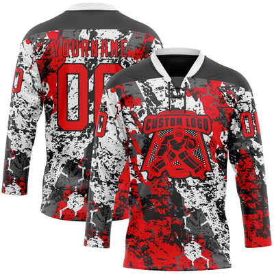Custom Black Fire Red-White 3D Pattern Abstract Grunge Hockey Lace Neck Jersey
