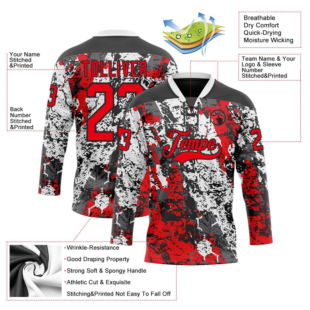 Custom Black Fire Red-White 3D Pattern Abstract Grunge Hockey Lace Neck Jersey