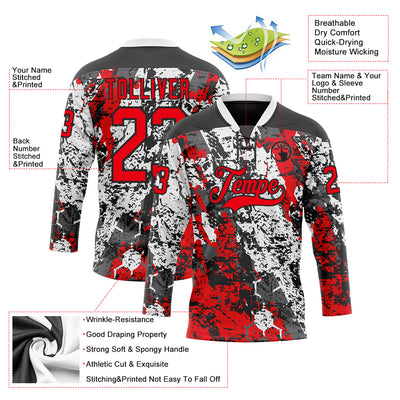 Custom Black Fire Red-White 3D Pattern Abstract Grunge Hockey Lace Neck Jersey