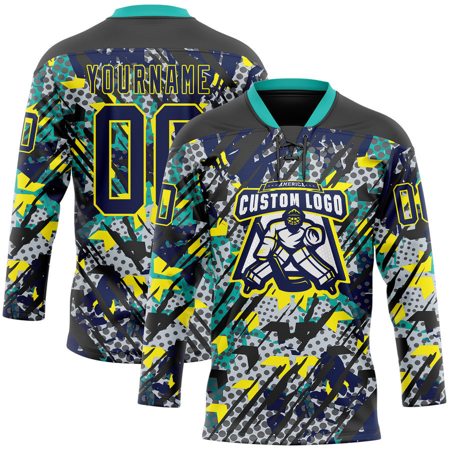 Custom Navy Light Yellow-Aqua 3D Pattern Abstract Grunge Hockey Lace Neck Jersey