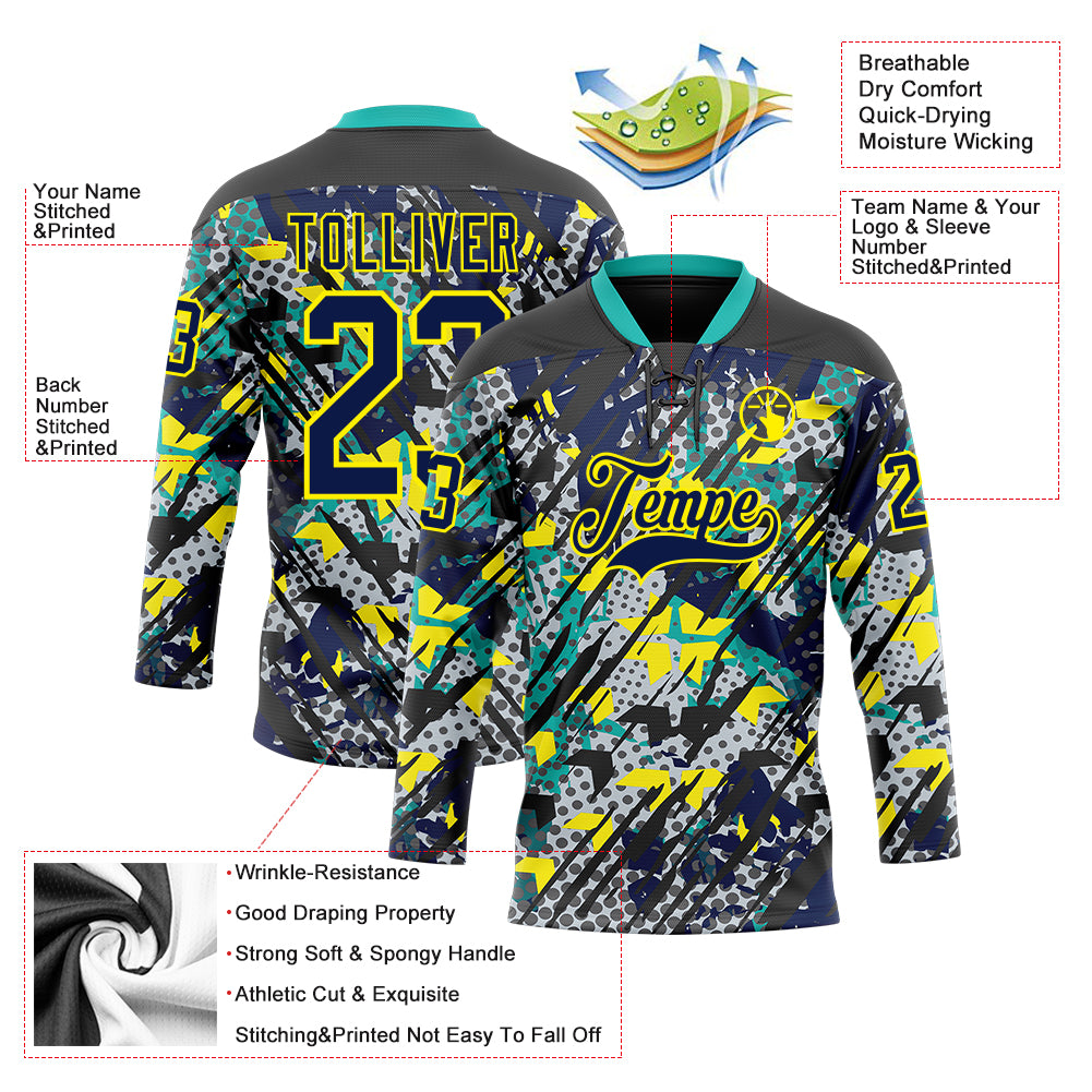 Custom Navy Light Yellow-Aqua 3D Pattern Abstract Grunge Hockey Lace Neck Jersey