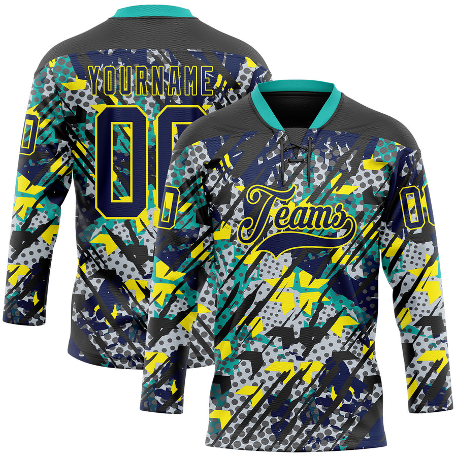 Custom Navy Light Yellow-Aqua 3D Pattern Abstract Grunge Hockey Lace Neck Jersey