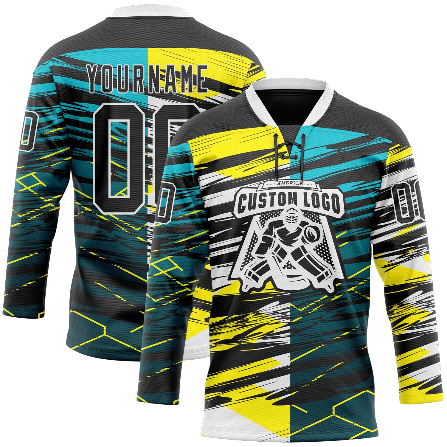 Custom Black Green-Yellow 3D Pattern Abstract Split Hockey Lace Neck Jersey