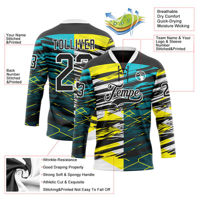 Custom Black Green-Yellow 3D Pattern Abstract Split Hockey Lace Neck Jersey