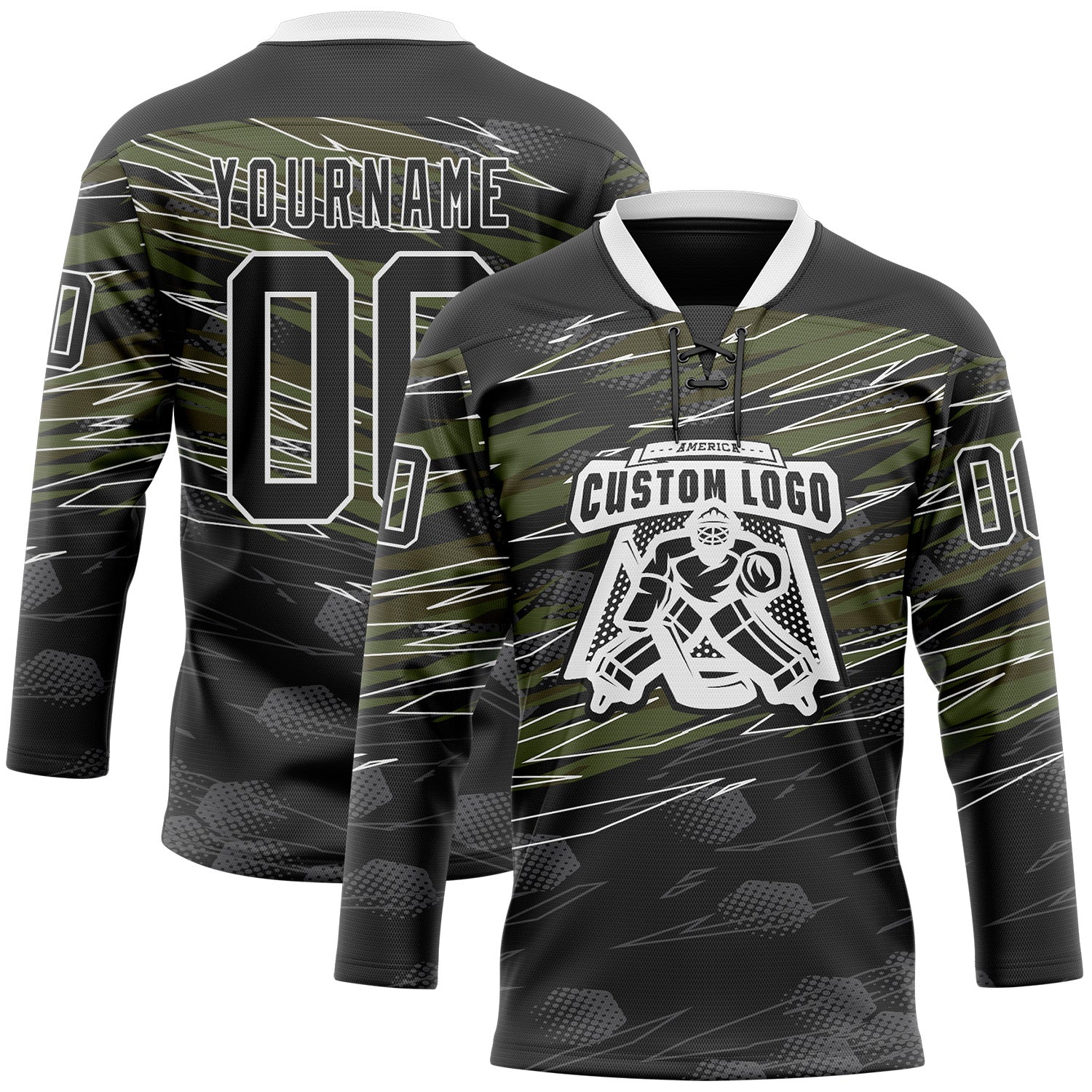 Custom Black Olive-White 3D Pattern Abstract Hockey Lace Neck Jersey