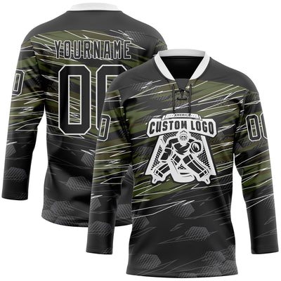 Custom Black Olive-White 3D Pattern Abstract Hockey Lace Neck Jersey