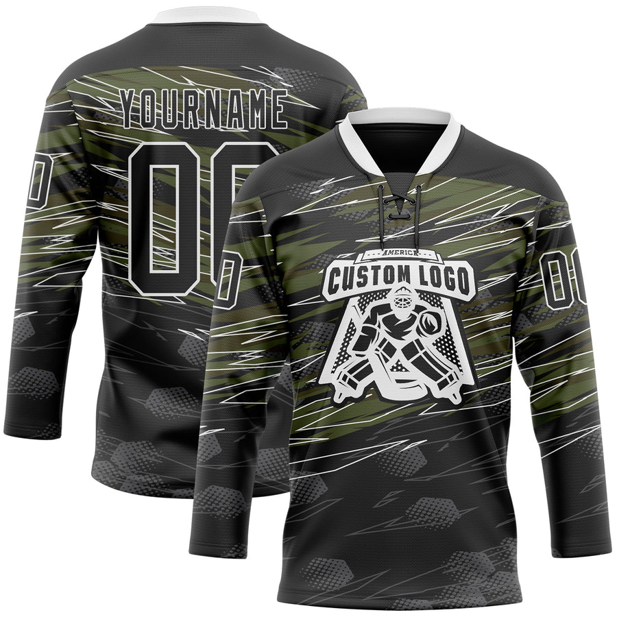 Custom Black Olive-White 3D Pattern Abstract Hockey Lace Neck Jersey