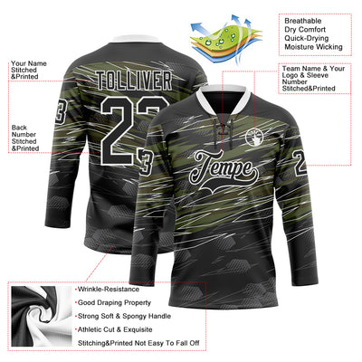 Custom Black Olive-White 3D Pattern Abstract Hockey Lace Neck Jersey