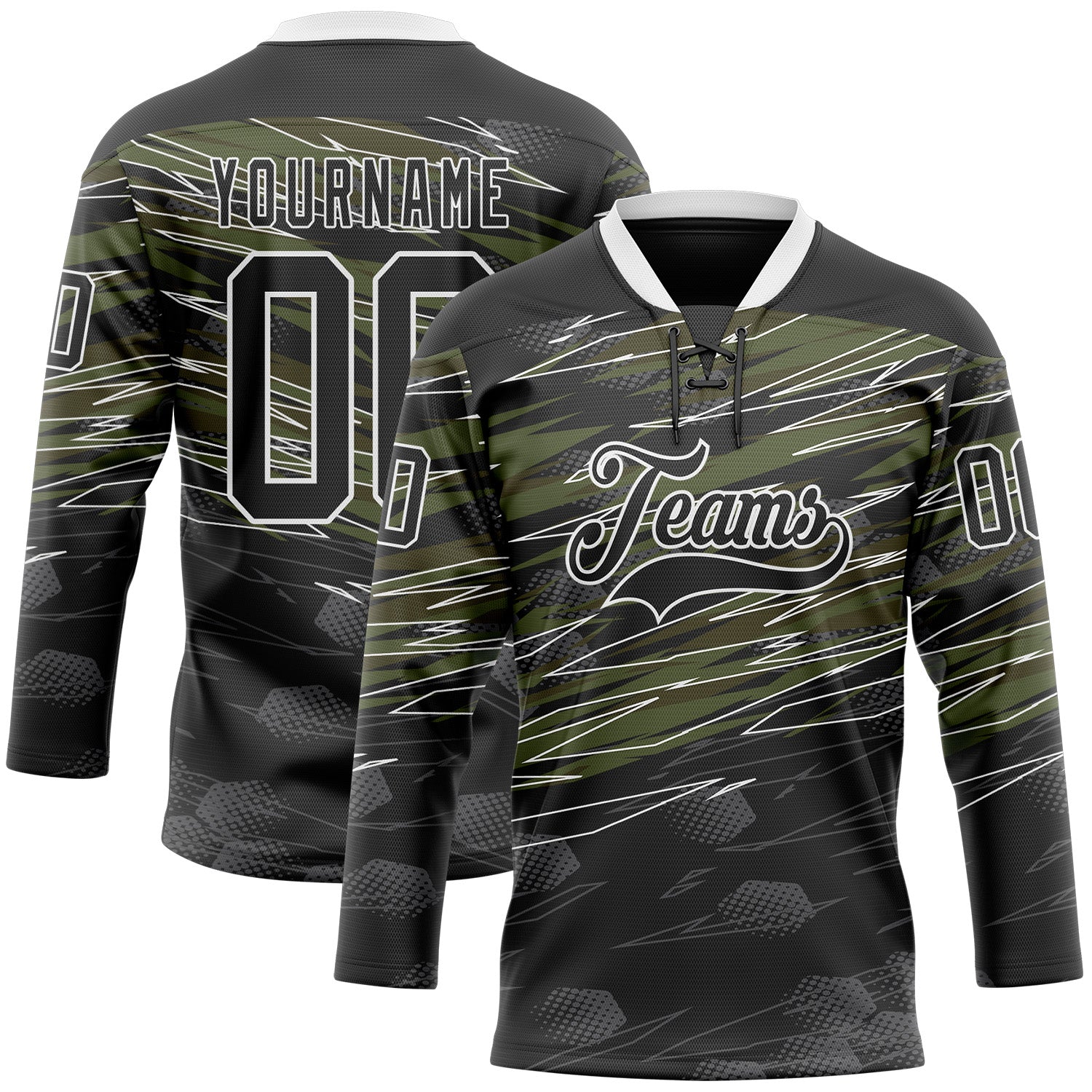 Custom Black Olive-White 3D Pattern Abstract Hockey Lace Neck Jersey