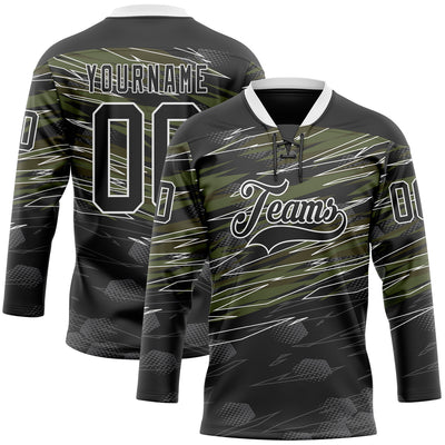 Custom Black Olive-White 3D Pattern Abstract Hockey Lace Neck Jersey
