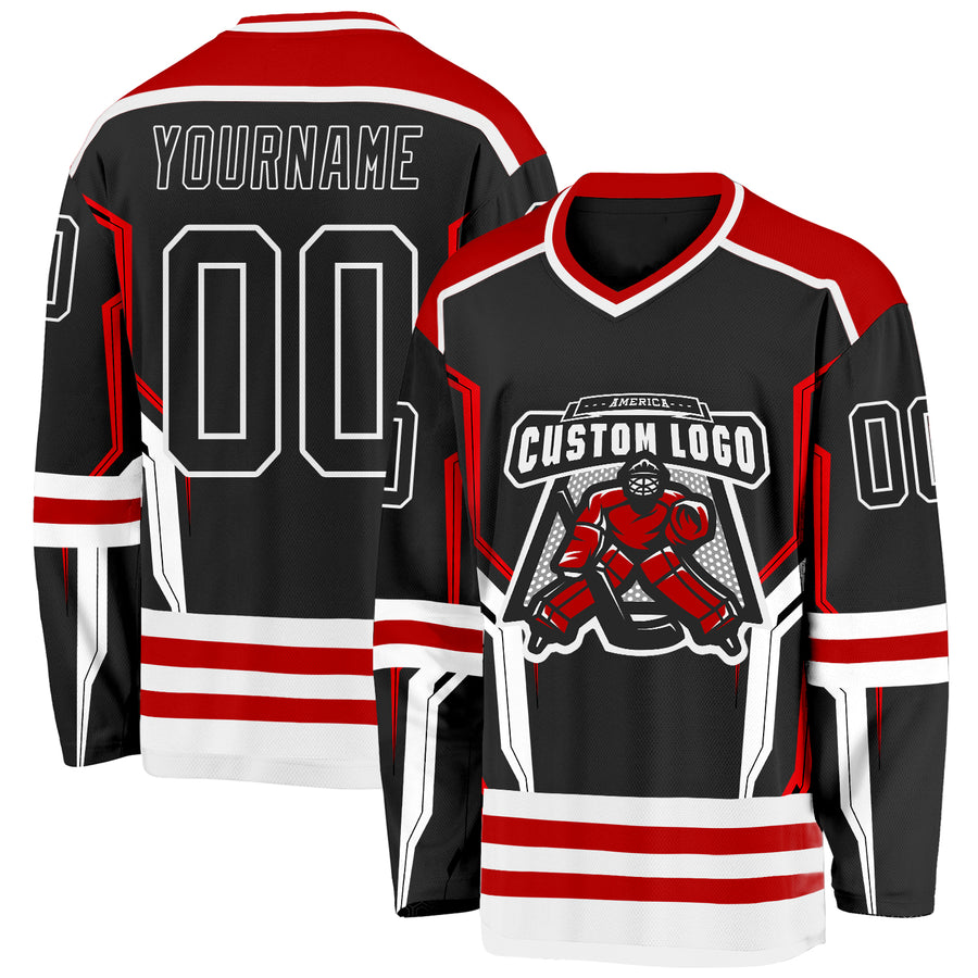 Custom Black Red-White 3D Pattern Cyber Mecha E-sport Hockey Jersey