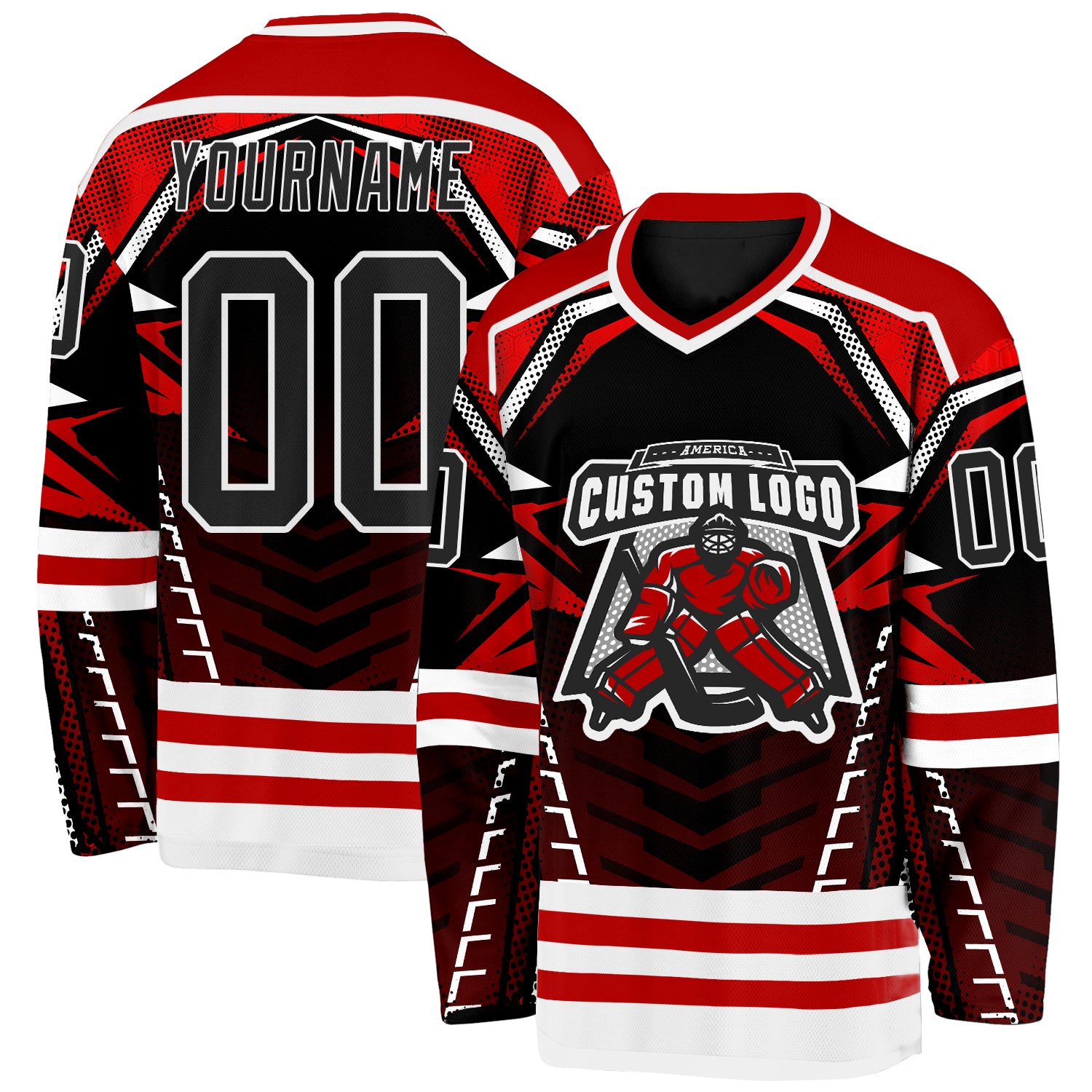 Custom Black Red-White 3D Pattern Cyber Mecha E-sport Hockey Jersey