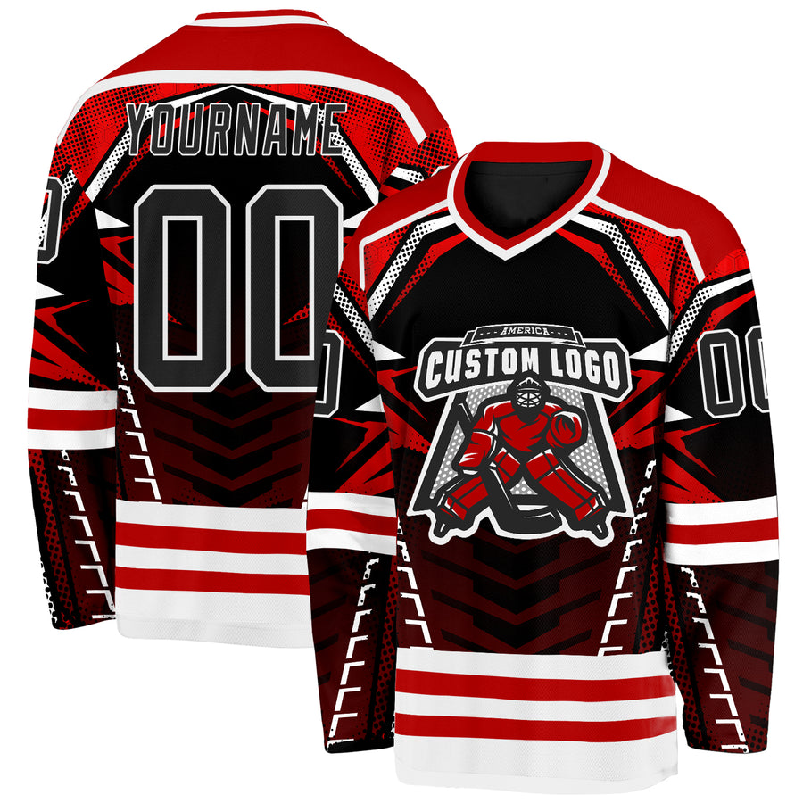 Custom Black Red-White 3D Pattern Cyber Mecha E-sport Hockey Jersey