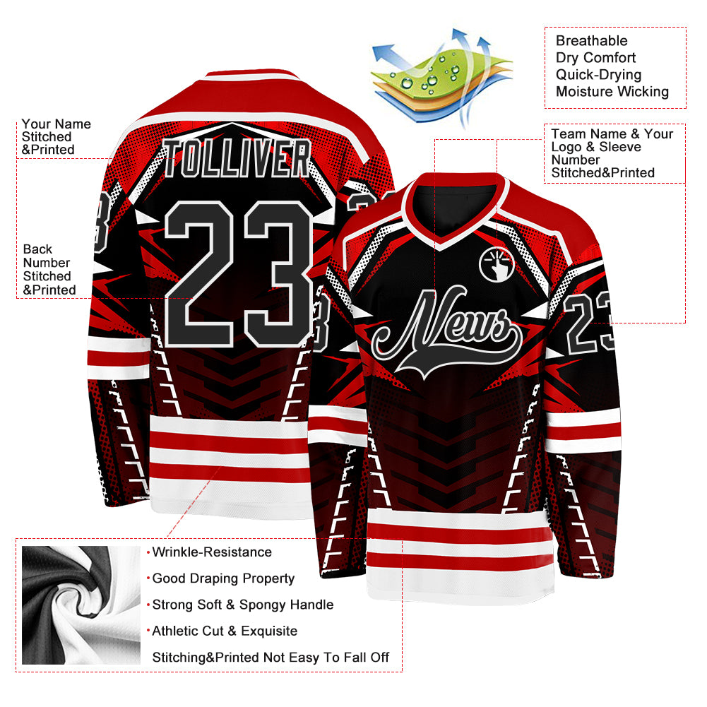 Custom Black Red-White 3D Pattern Cyber Mecha E-sport Hockey Jersey