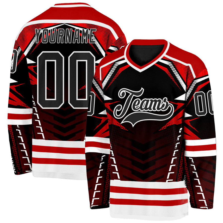 Custom Black Red-White 3D Pattern Cyber Mecha E-sport Hockey Jersey