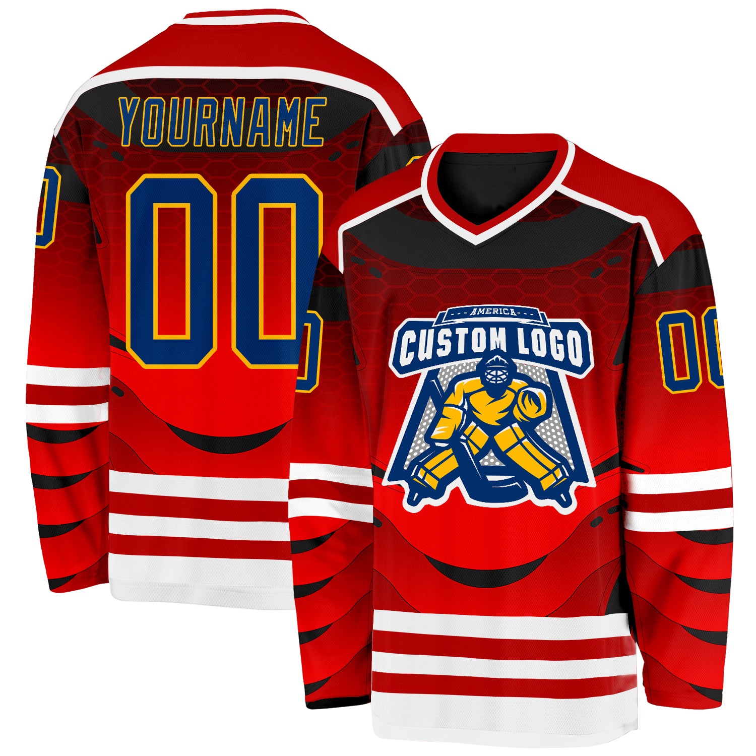Custom Red US Navy Blue Gold-White 3D Pattern Cyber Mecha E-sport Hockey Jersey
