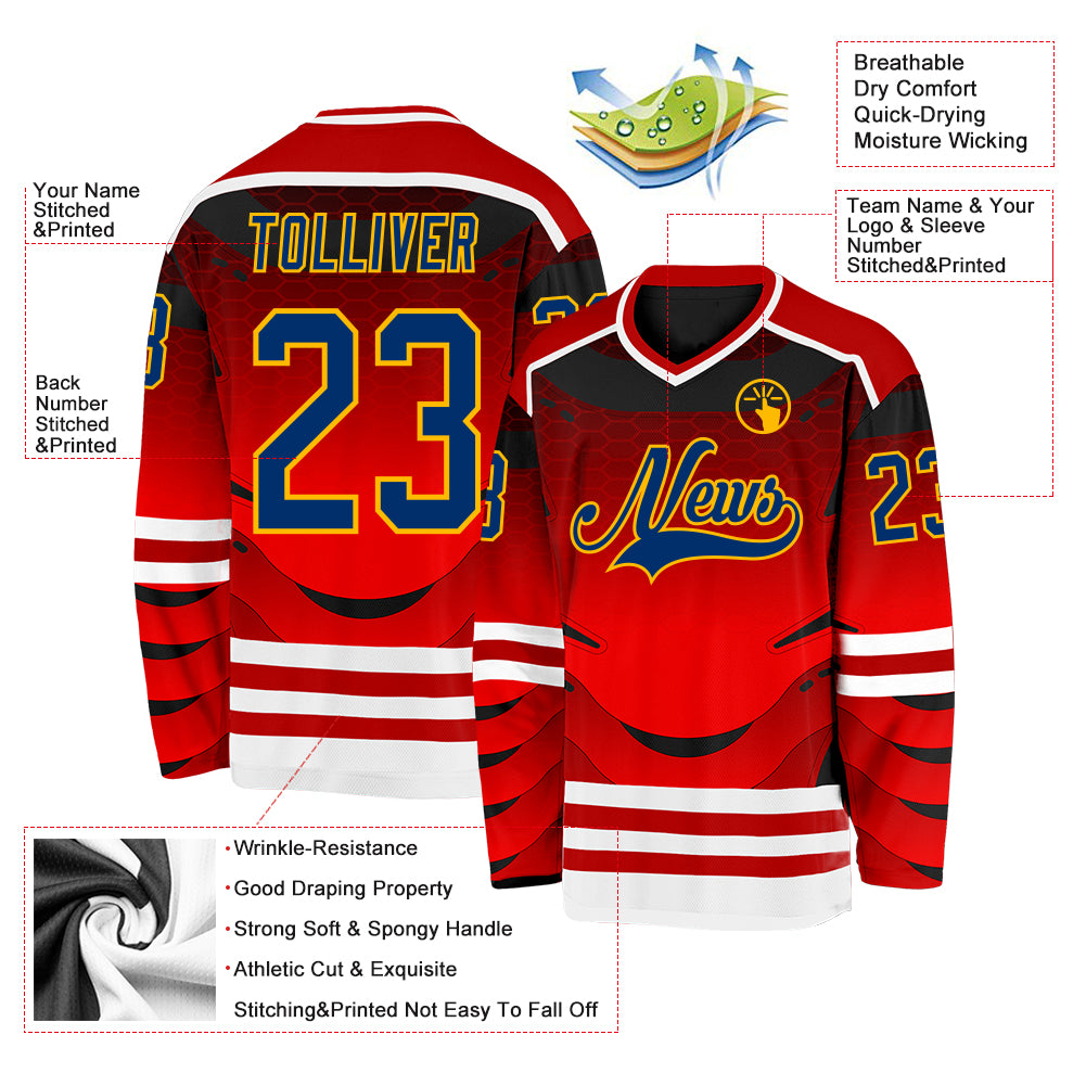 Custom Red US Navy Blue Gold-White 3D Pattern Cyber Mecha E-sport Hockey Jersey