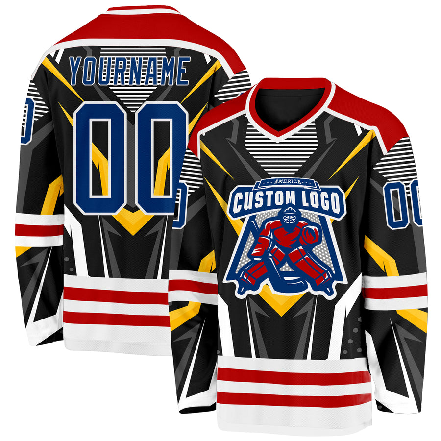 Custom Black US Navy Blue Red-White 3D Pattern Cyber Mecha E-sport Hockey Jersey