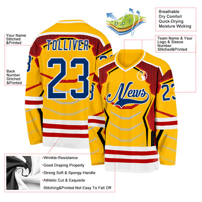 Custom Gold US Navy Blue Red-White 3D Pattern Cyber Mecha E-sport Hockey Jersey