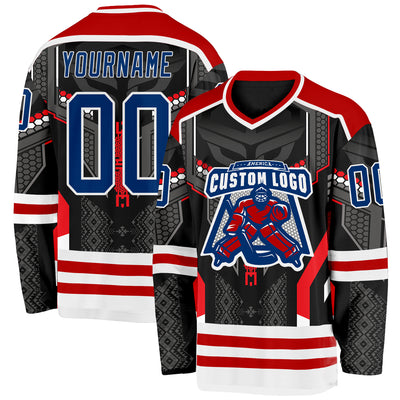 Custom Black US Navy Blue Red-White 3D Pattern Cyber Mecha E-sport Hockey Jersey