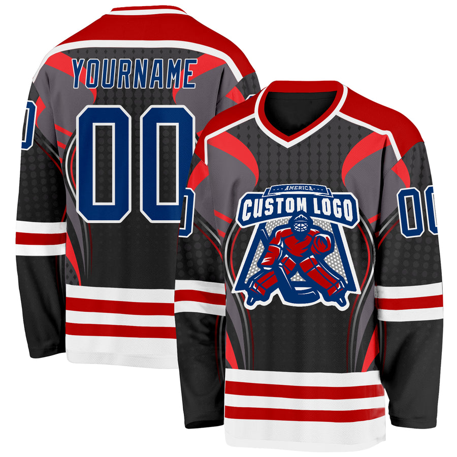 Custom Black US Navy Blue Red-White 3D Pattern Cyber Mecha E-sport Hockey Jersey