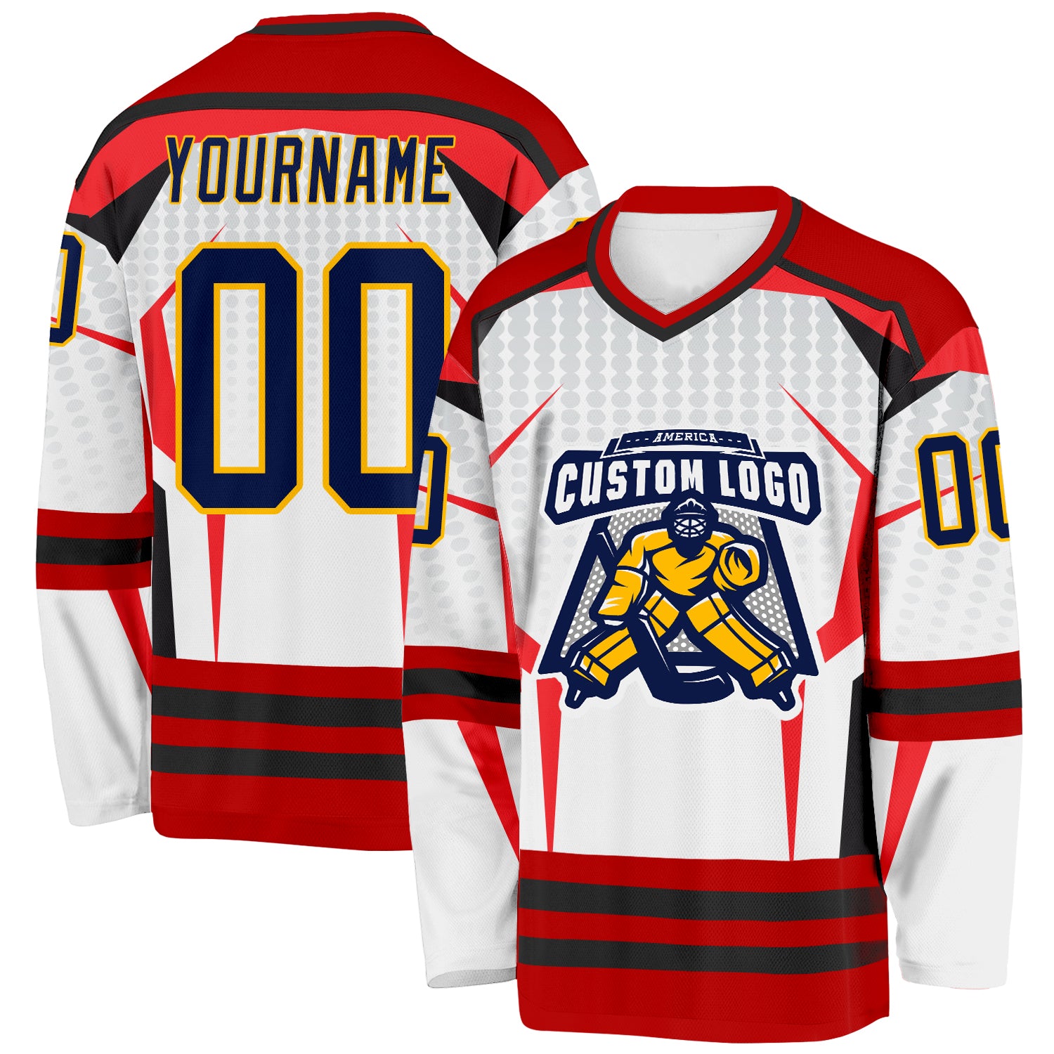 Custom White Navy Red Black-Gold 3D Pattern Cyber Mecha E-sport Hockey Jersey