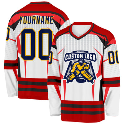 Custom White Navy Red Black-Gold 3D Pattern Cyber Mecha E-sport Hockey Jersey