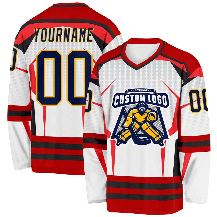 Custom White Navy Red Black-Gold 3D Pattern Cyber Mecha E-sport Hockey Jersey