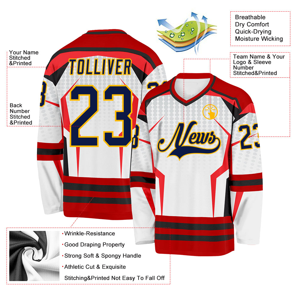 Custom White Navy Red Black-Gold 3D Pattern Cyber Mecha E-sport Hockey Jersey