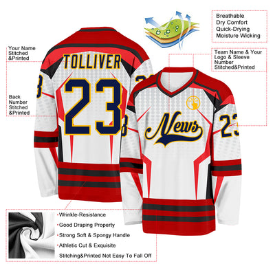 Custom White Navy Red Black-Gold 3D Pattern Cyber Mecha E-sport Hockey Jersey